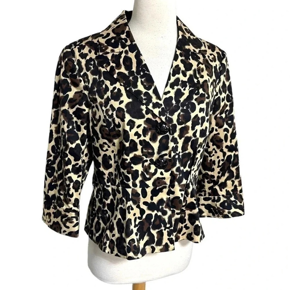 Grace Elements Leopard Peplum Blazer 10 Tan Brown Animal Print 3/4 Sleeve Jacket